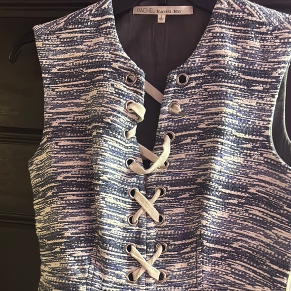 RACHEL Rachel Roy Navy and White Textured Lace-Up Top - Picture 1 of 6